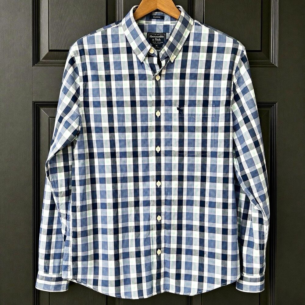 Abercrombie & Fitch Men's M Blue White Green Plaid Cotton Woven Button-Down